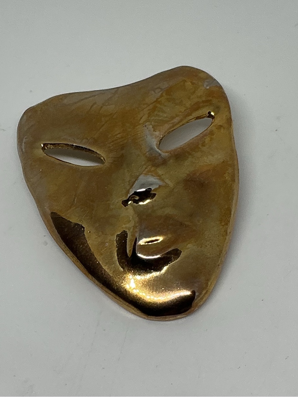 Vintage Gold Tone Abstract Tragedy Mask Face Brooch Pin Sculptural Modernist